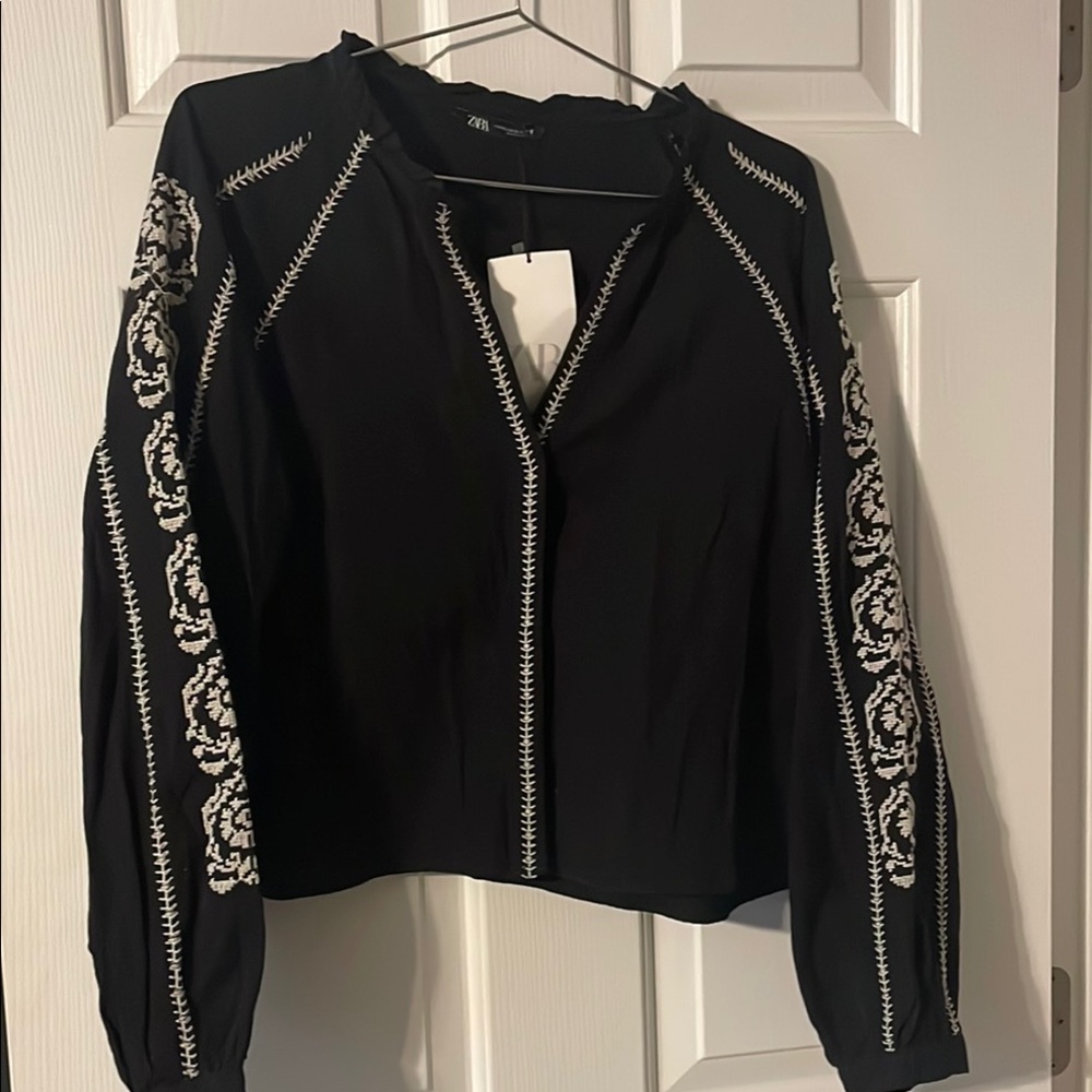 Festive and fun! Zara Black Boxy Embroidered Blouse with Mandarin Collar